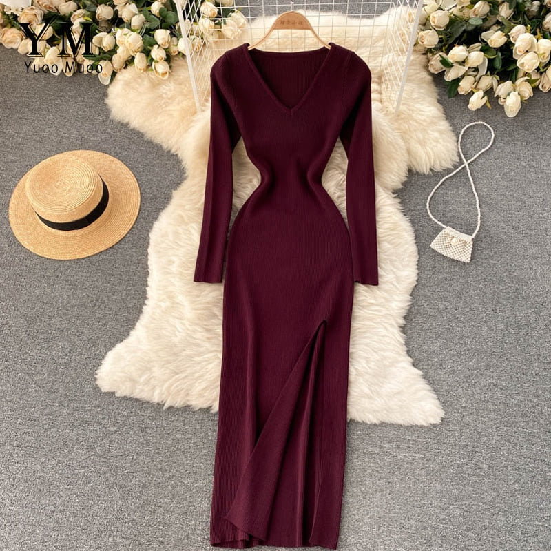 Women’s Ribbed Long Sleeves Knit Bodycon Dress | Maxi