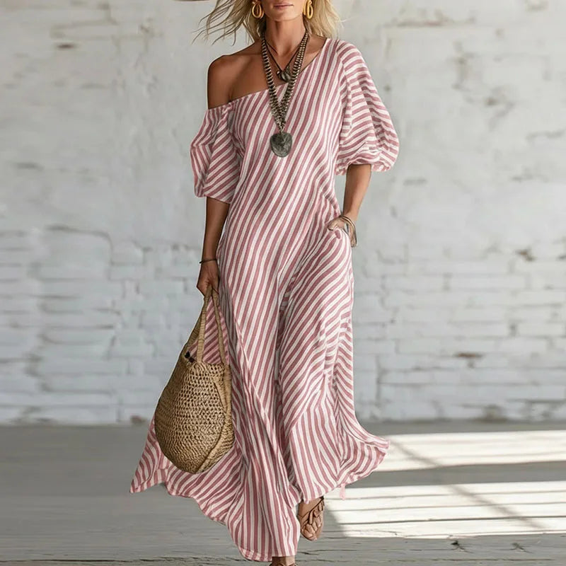 Women's Stripe Puff Sleeve Summer Dress | Maxi