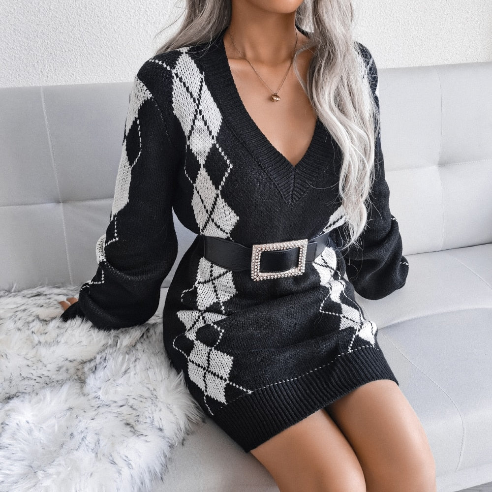 Women’s Winter Knit Printed Sweater Dress | Mini