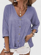 Women's Summer Loose Fit V-Neck Blouse | Button Up