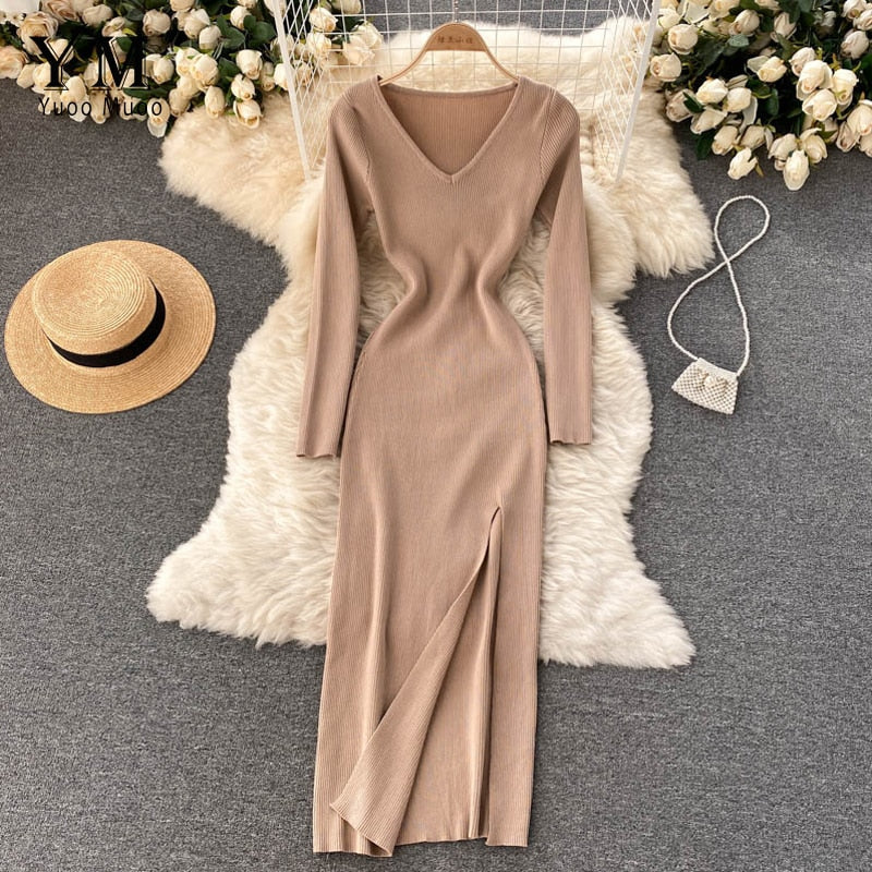 Women’s Ribbed Long Sleeves Knit Bodycon Dress | Maxi