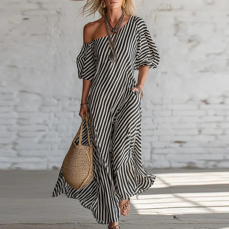Women's Stripe Puff Sleeve Summer Dress | Maxi