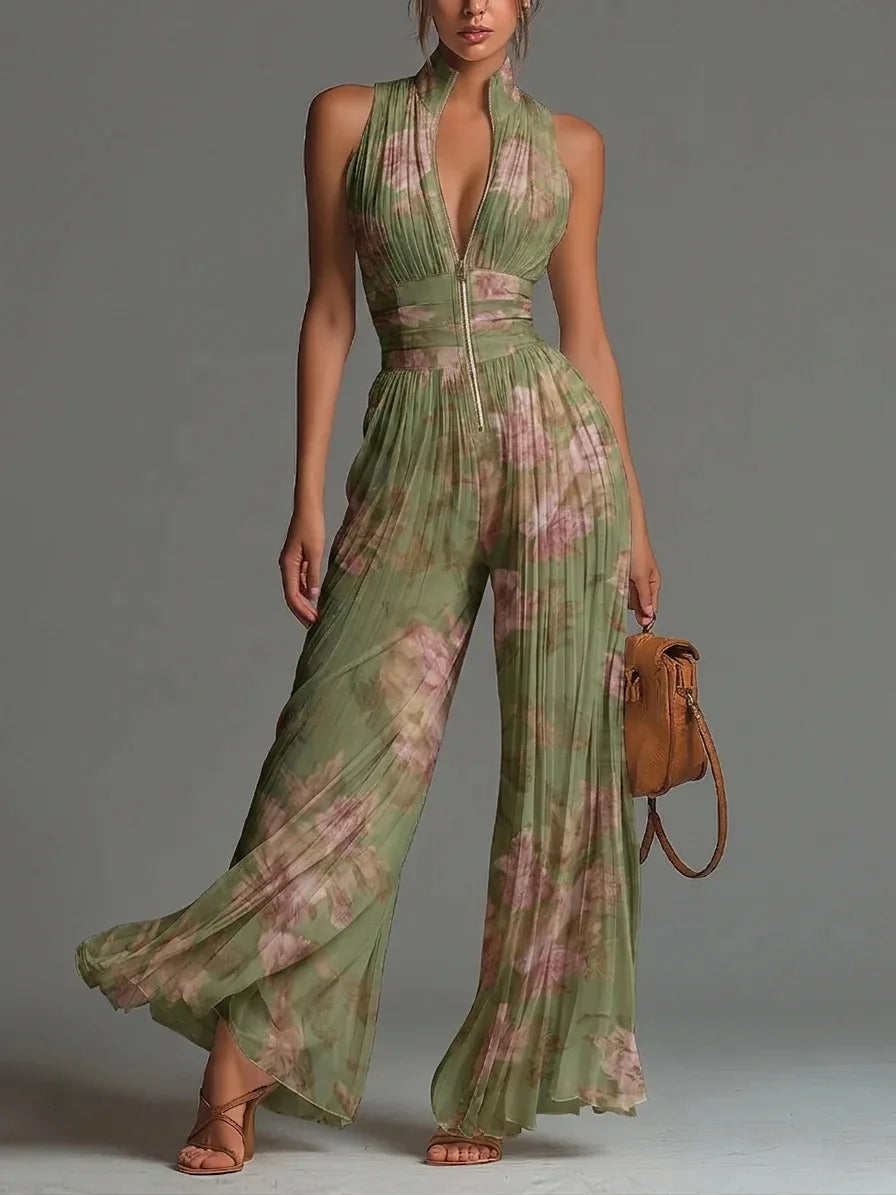 Women's Pleated Wide Leg Jumpsuit | Sleeveless