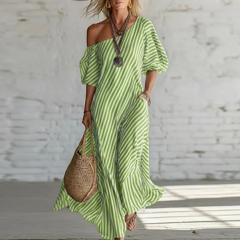 Women's Stripe Puff Sleeve Summer Dress | Maxi
