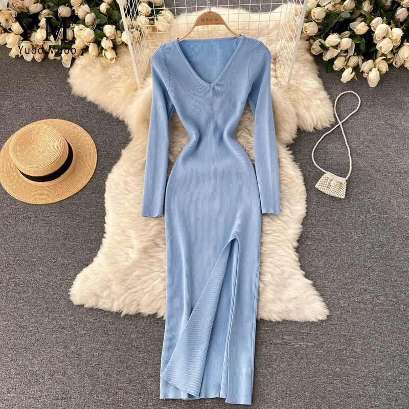 Women’s Ribbed Long Sleeves Knit Bodycon Dress | Maxi