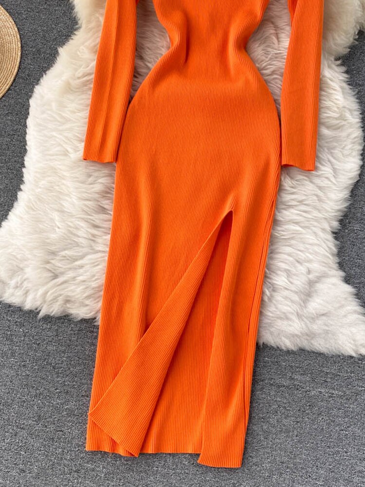 Women’s Ribbed Long Sleeves Knit Bodycon Dress | Maxi