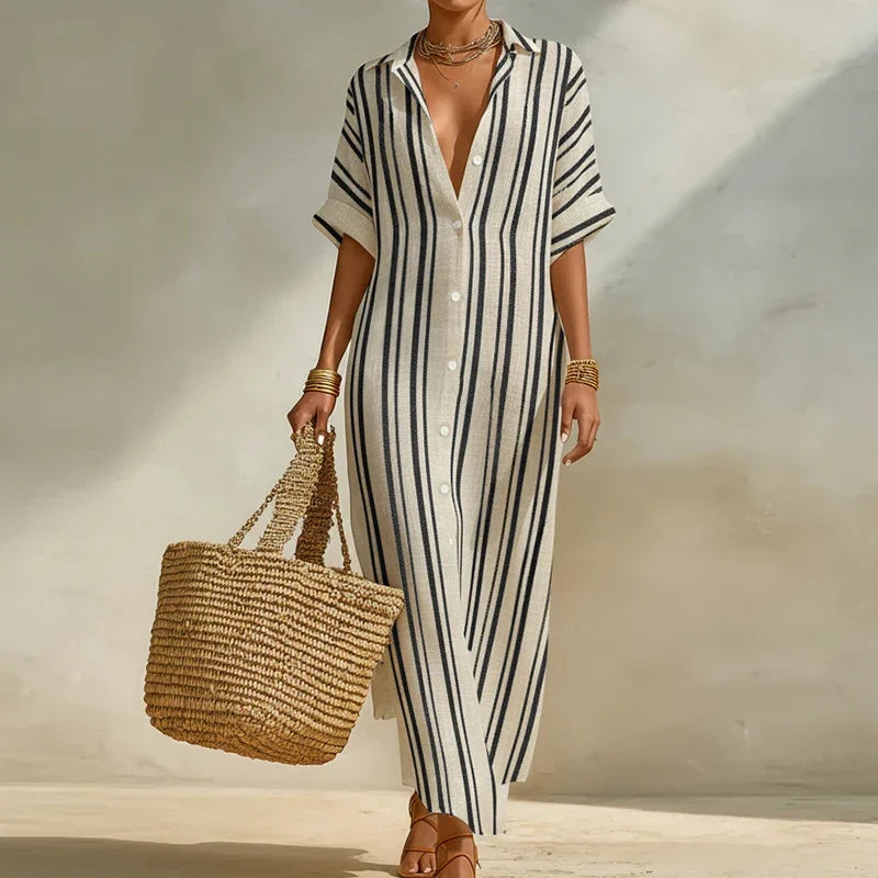 Women's Striped Button Down Shirt Dress | Maxi