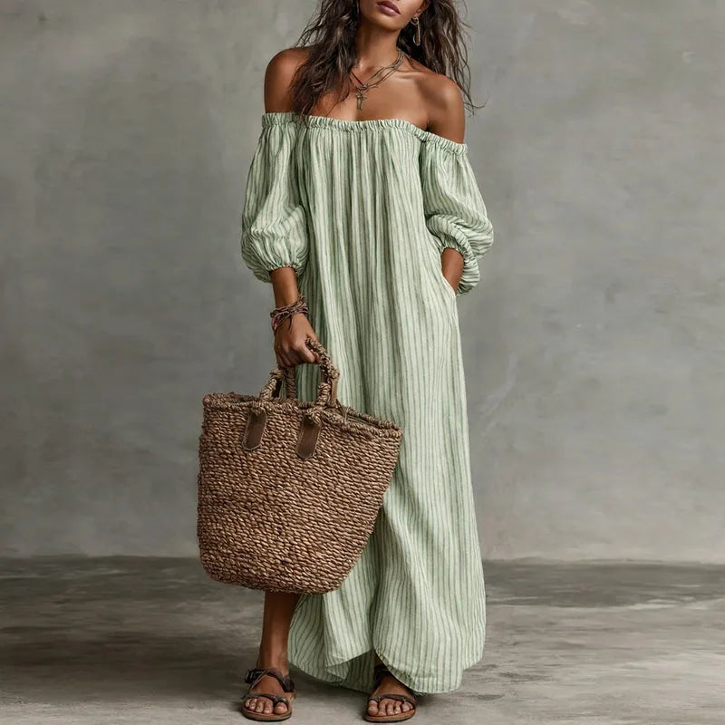 Women's Off-Shoulder Striped Loose Fit Dress | Maxi