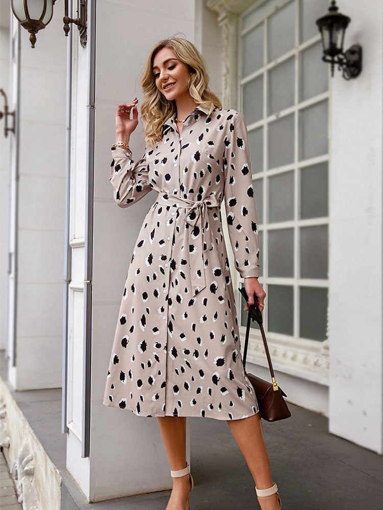 Women’s Tie Waist Printed Shirt Dress | Midi