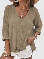 Women's Summer Loose Fit V-Neck Blouse | Button Up