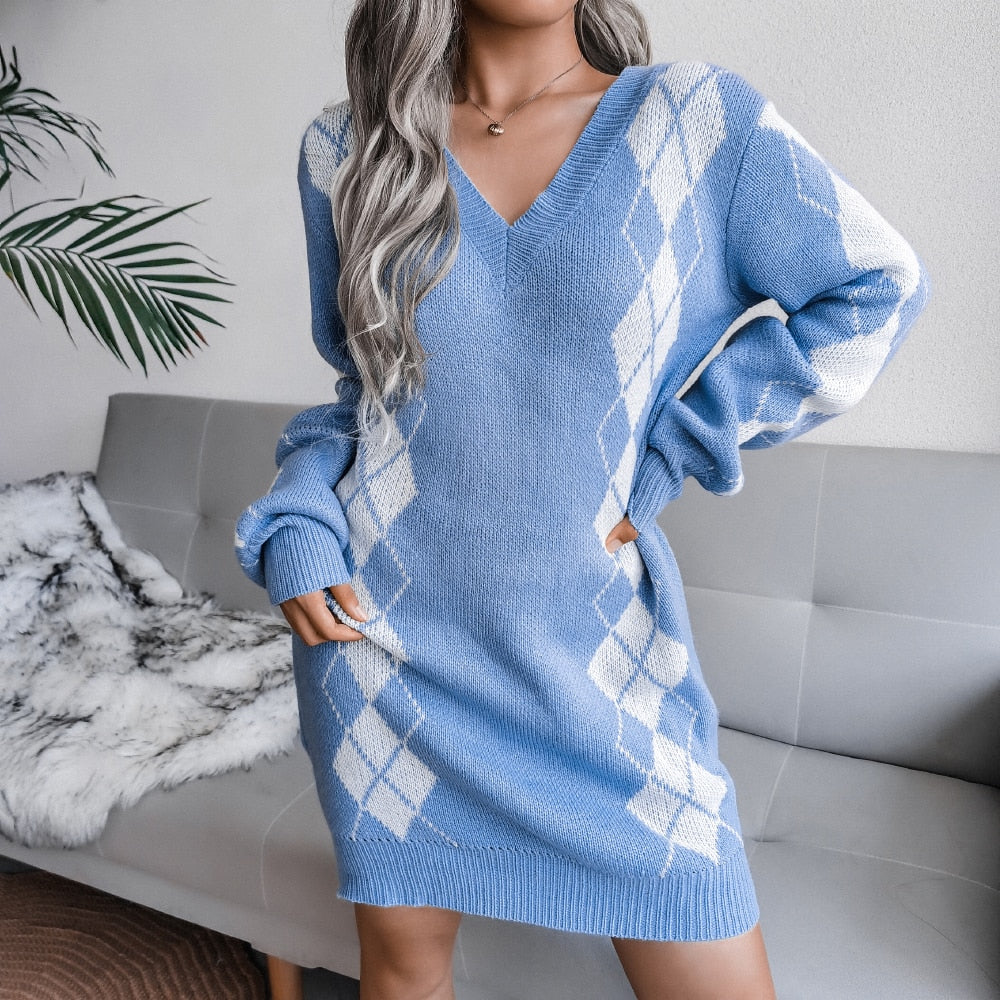 Women’s Winter Knit Printed Sweater Dress | Mini
