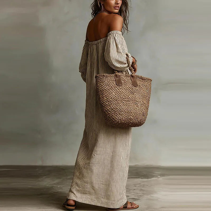 Women's Off-Shoulder Striped Loose Fit Dress | Maxi