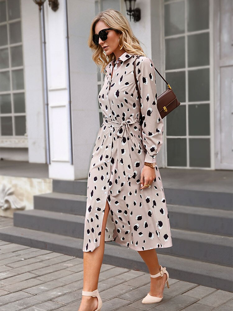 Women’s Tie Waist Printed Shirt Dress | Midi