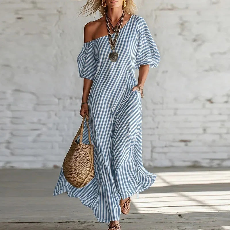 Women's Stripe Puff Sleeve Summer Dress | Maxi