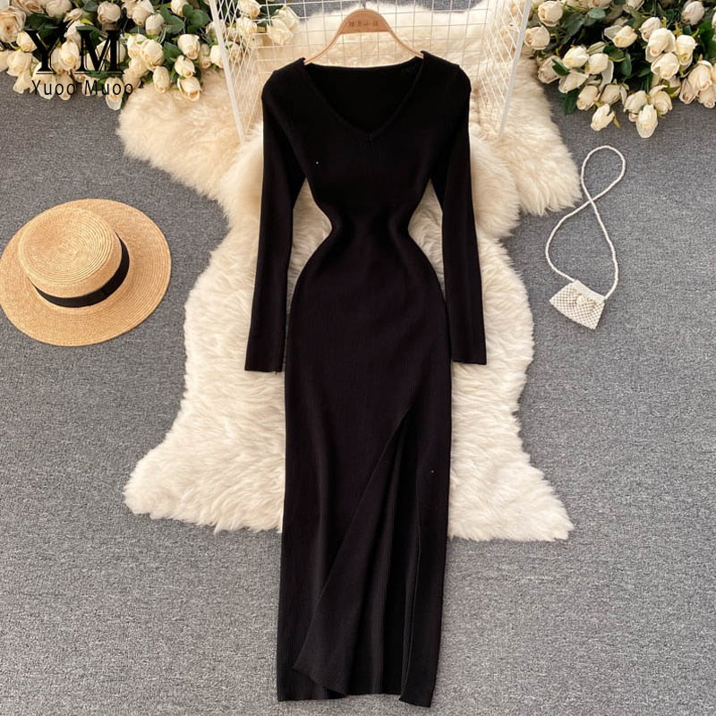 Women’s Ribbed Long Sleeves Knit Bodycon Dress | Maxi