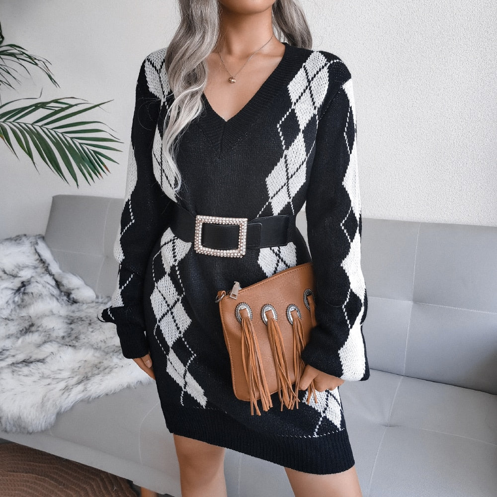 Women’s Winter Knit Printed Sweater Dress | Mini