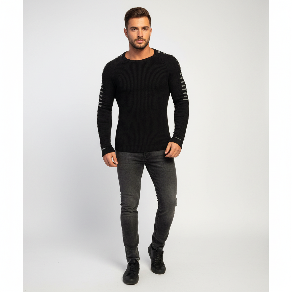 Men’s Ribbed Crew Neck Sweater | Printed Sleeves