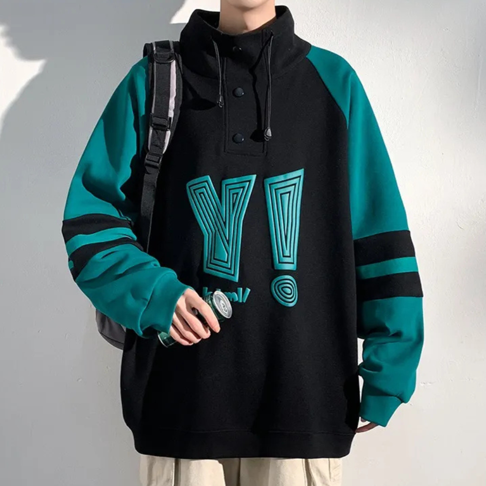 Men’s Oversized High-Neck Button Sweatshirt | Graphic Front