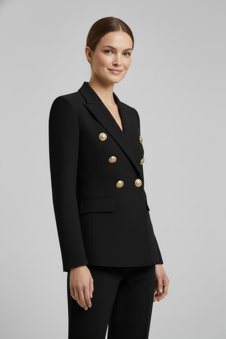 Women’s Double-Breasted Blazer with Gold-Tone Button Detail | Formal
