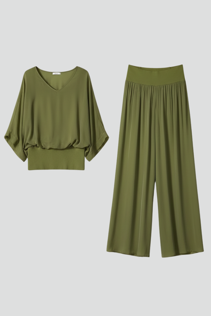 Women’s Elegant Loose Blouse and Wide-Leg Pants Set | Two-Piece