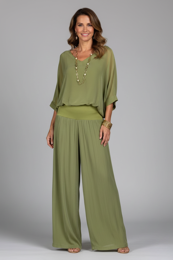 Women’s Elegant Loose Blouse and Wide-Leg Pants Set | Two-Piece