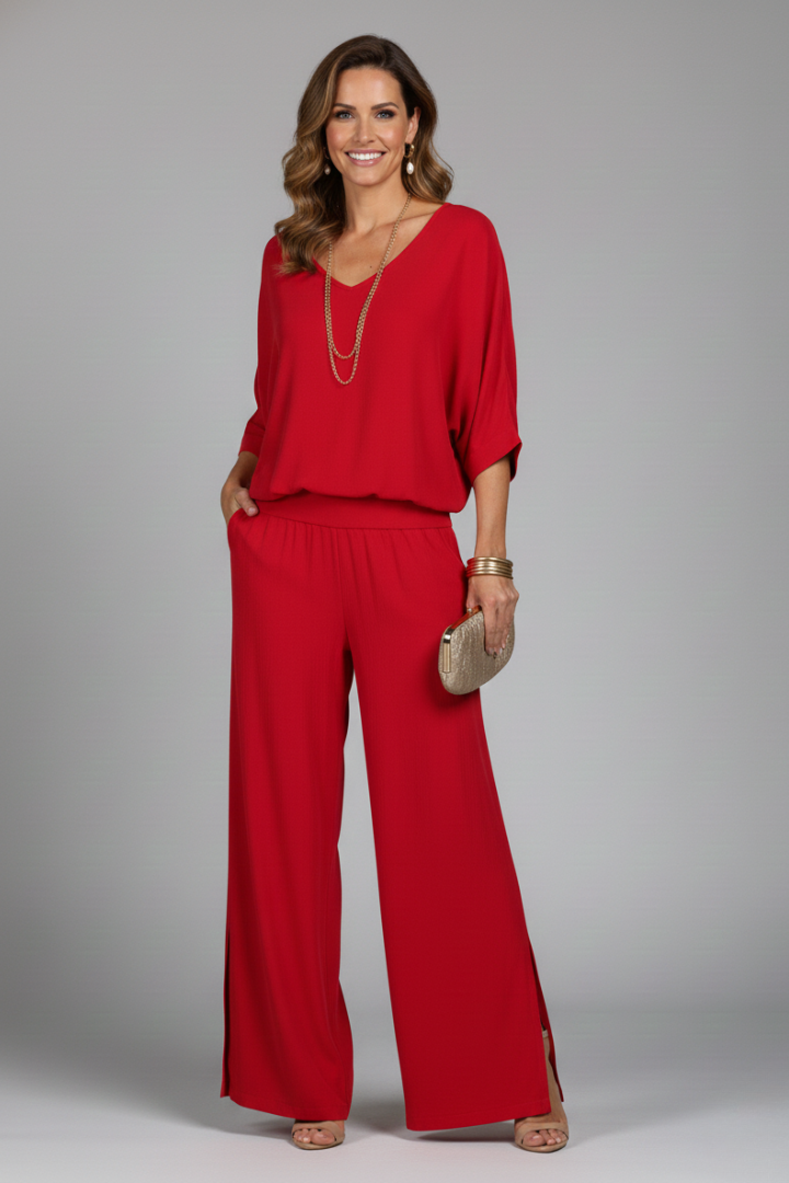 Women’s Elegant Loose Blouse and Wide-Leg Pants Set | Two-Piece