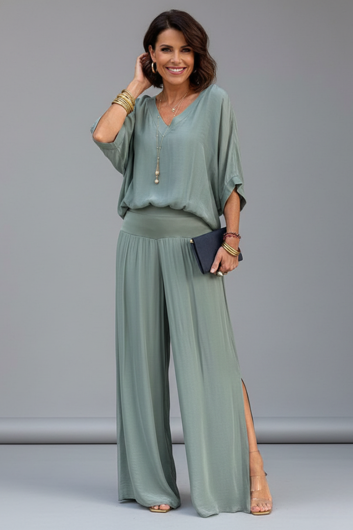 Women’s Elegant Loose Blouse and Wide-Leg Pants Set | Two-Piece