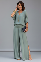 Women’s Elegant Loose Blouse and Wide-Leg Pants Set | Two-Piece
