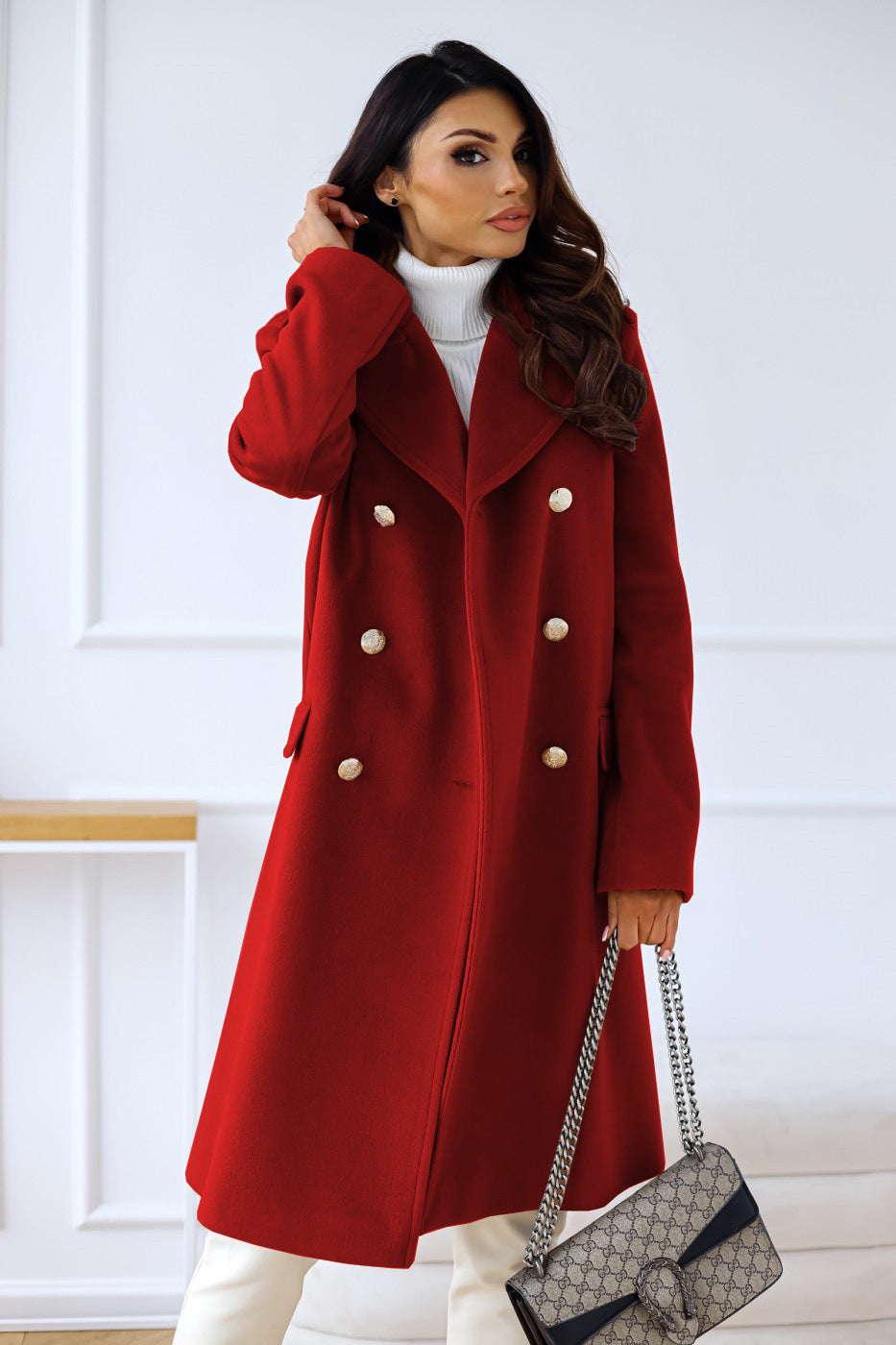 Women's Long Winter Button Trench Coat | Double Breasted