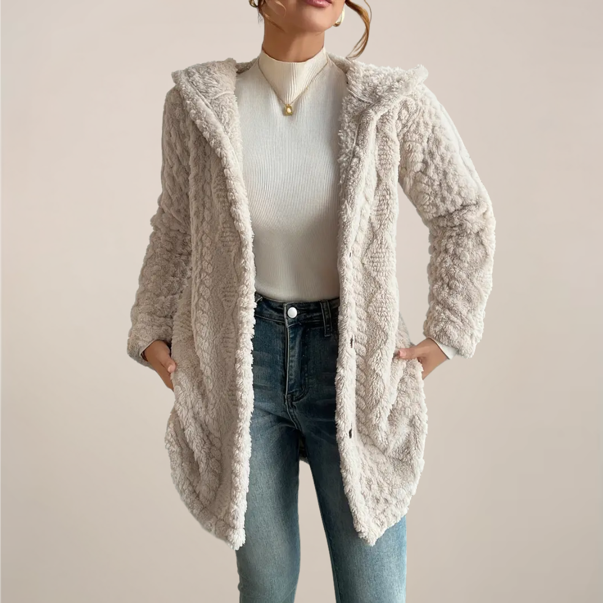 Women’s Longline Textured Hooded Cardigan | Open-Front