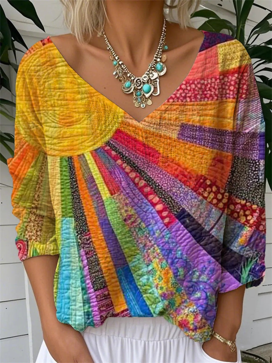 Women's Colorful Loose Fit Blouse | V-Neck