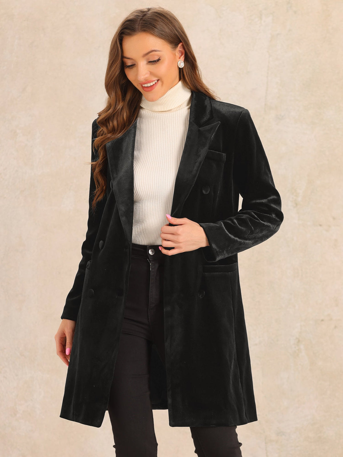 Women's Double Breasted Pockets Winter Coat | Long