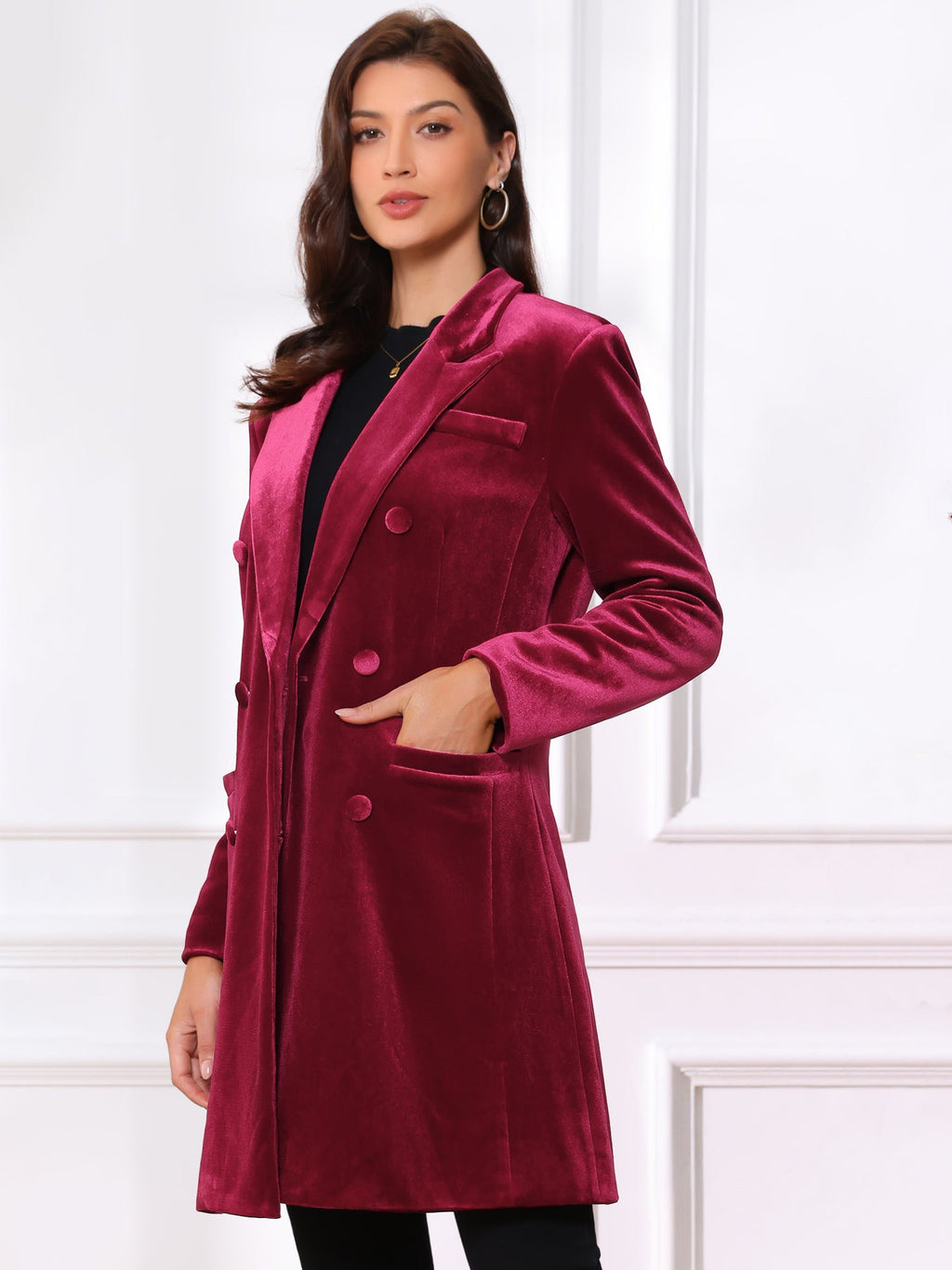Women's Double Breasted Pockets Winter Coat | Long