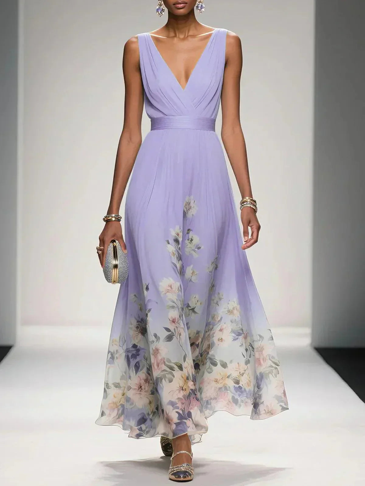 Women's Elegant Spring Floral Print Wedding Guest Dress | Maxi