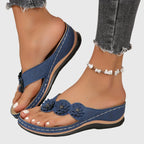 Women's Boho Floral Detail Thong Strap Sandals | Low Wedge