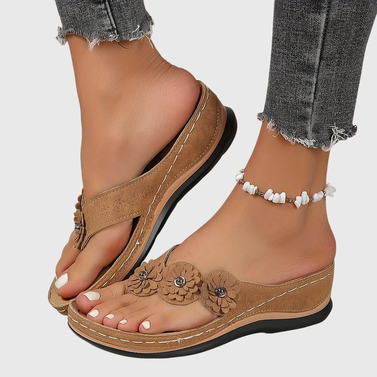 Women's Boho Floral Detail Thong Strap Sandals | Low Wedge