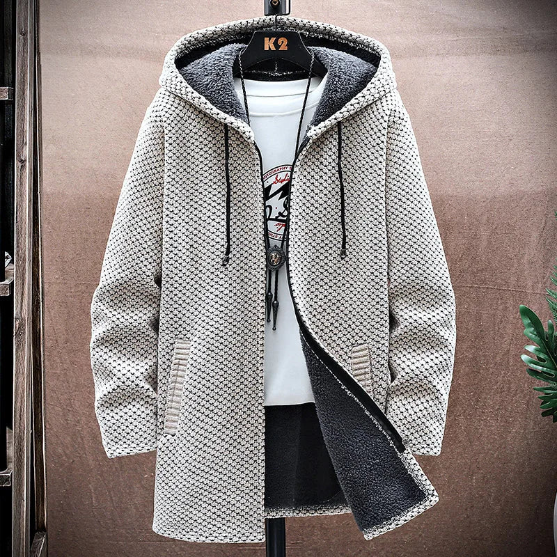 Men's Winter Knit Hooded Zip Up Jacket | Long