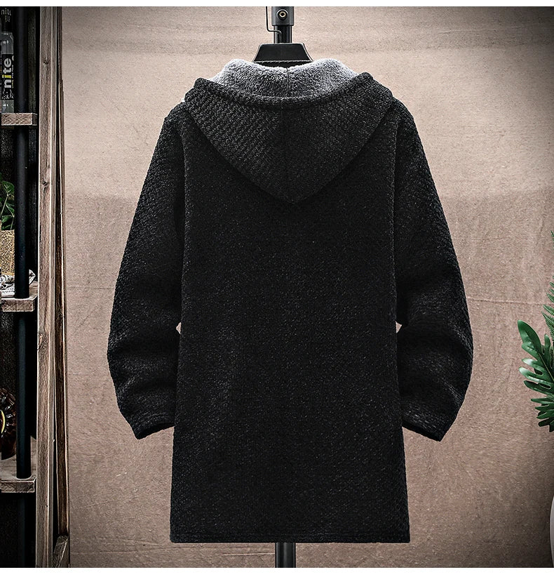 Men's Winter Knit Hooded Zip Up Jacket | Long