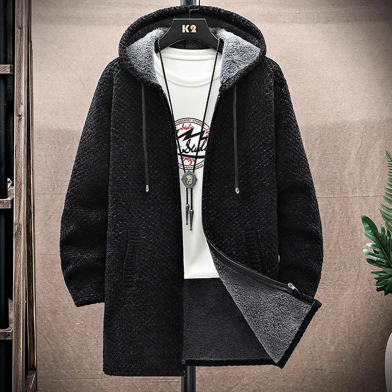 Men's Winter Knit Hooded Zip Up Jacket | Long