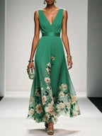 Women's Elegant Spring Floral Print Wedding Guest Dress | Maxi
