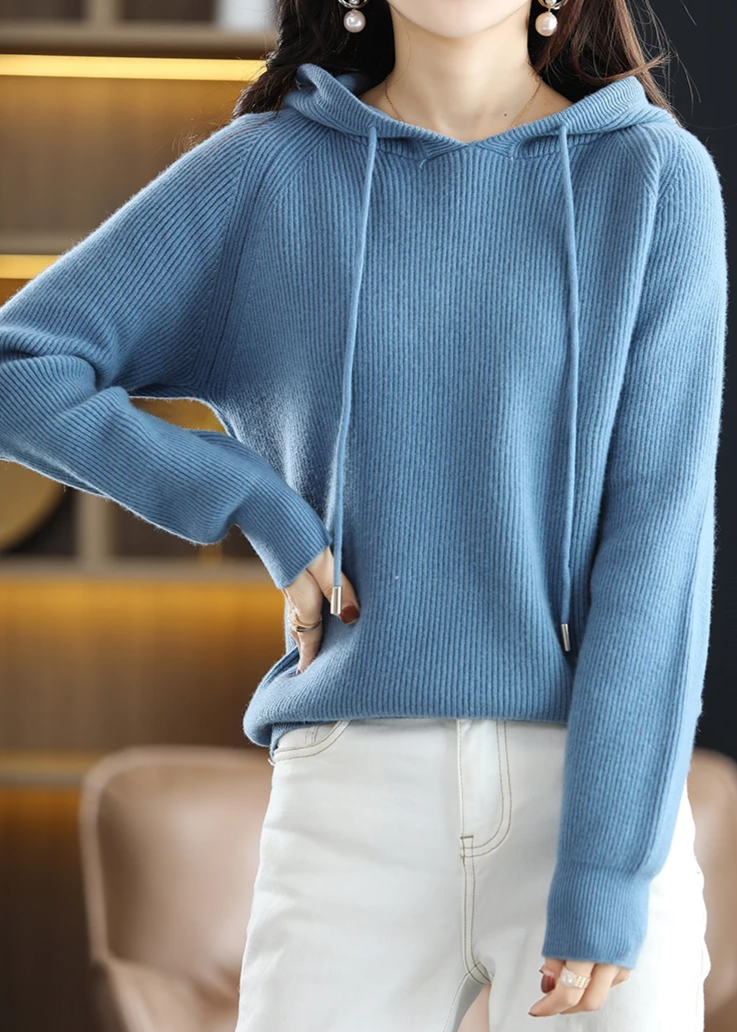 Women's Ribbed Winter Knitted Hoodie | Drawstring