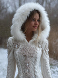Women's Hooded Winter White Knit Sweater | Fur