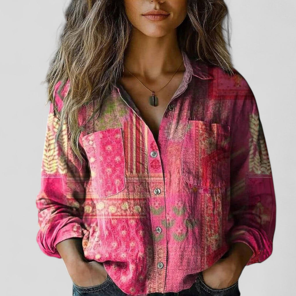 Women's Vintage Floral Print Blouse with Chest Pockets | Long Sleeves