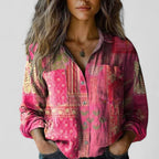 Women's Vintage Floral Print Blouse with Chest Pockets | Long Sleeves