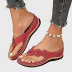 Women's Boho Floral Detail Thong Strap Sandals | Low Wedge