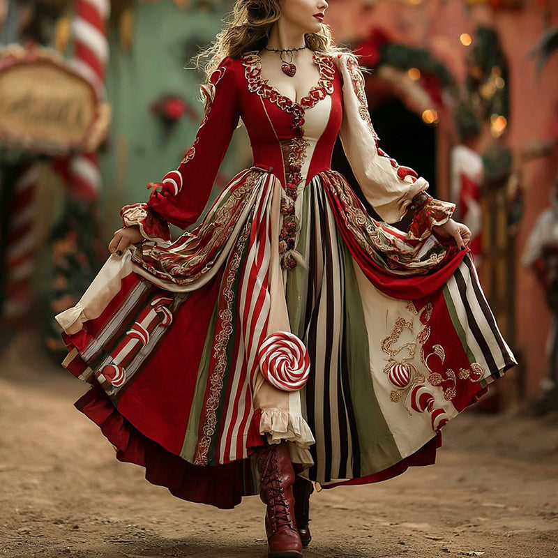 Women's Vintage Halloween Red Maxi Dress | Long Sleeve