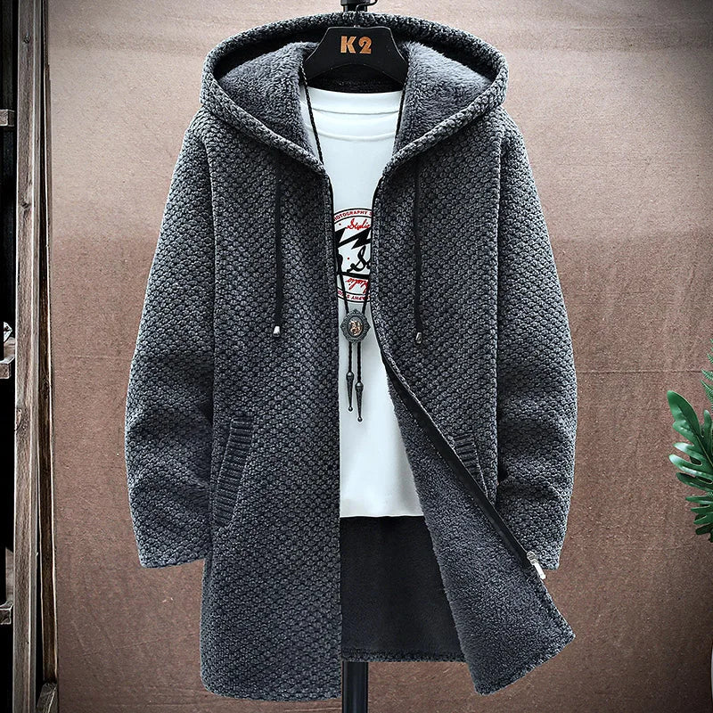 Men's Winter Knit Hooded Zip Up Jacket | Long