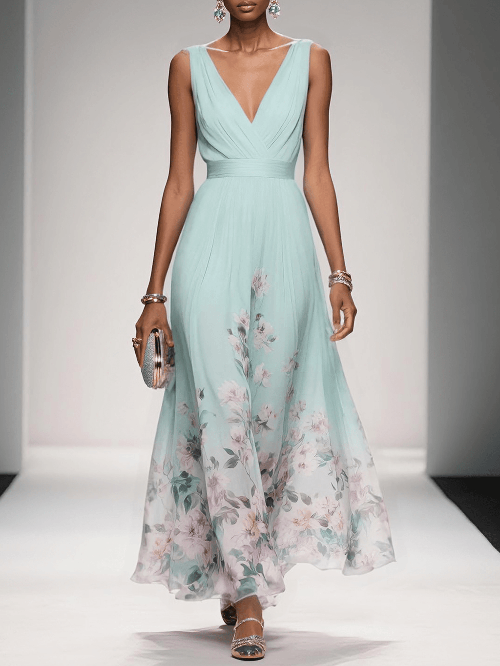 Women's Elegant Spring Floral Print Wedding Guest Dress | Maxi
