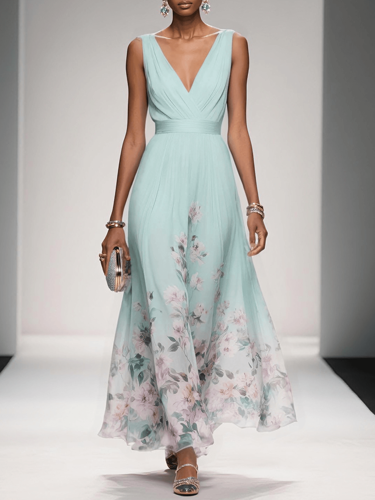 Women's Elegant Spring Floral Print Wedding Guest Dress | Maxi
