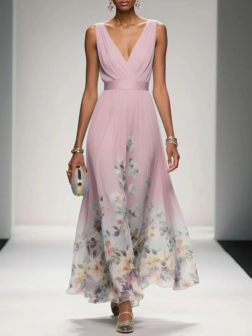 Women's Elegant Spring Floral Print Wedding Guest Dress | Maxi